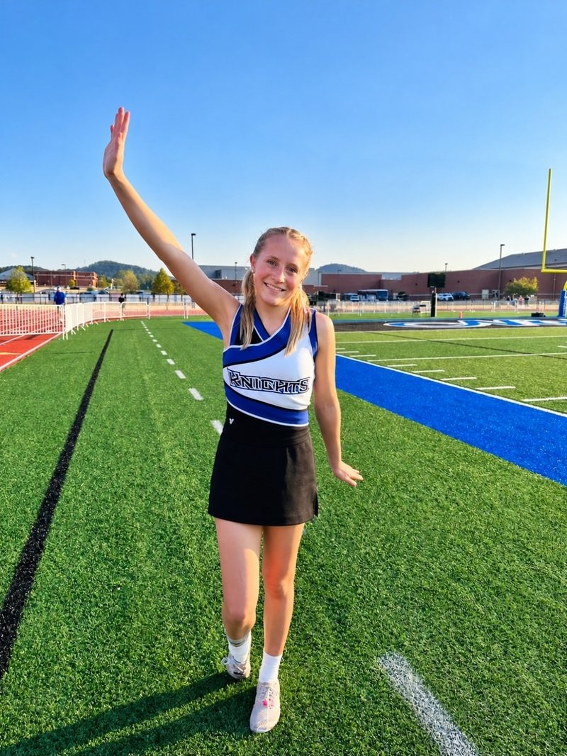 A student in her cheer uniform waving on the football field before a game, with a natural-looking Student Glow tan